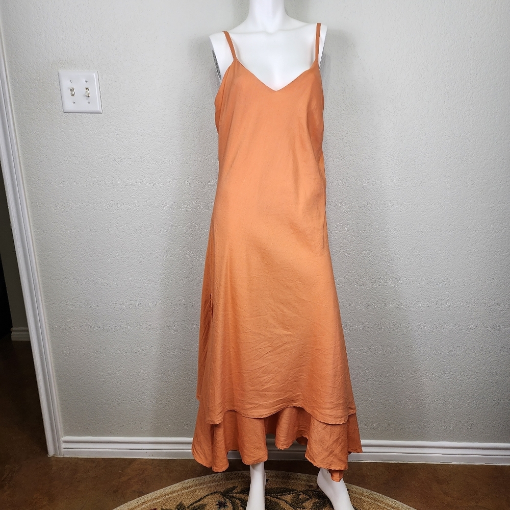 Ashley Stewart Orange Linen Sleeveless Tiered Dress Size 16